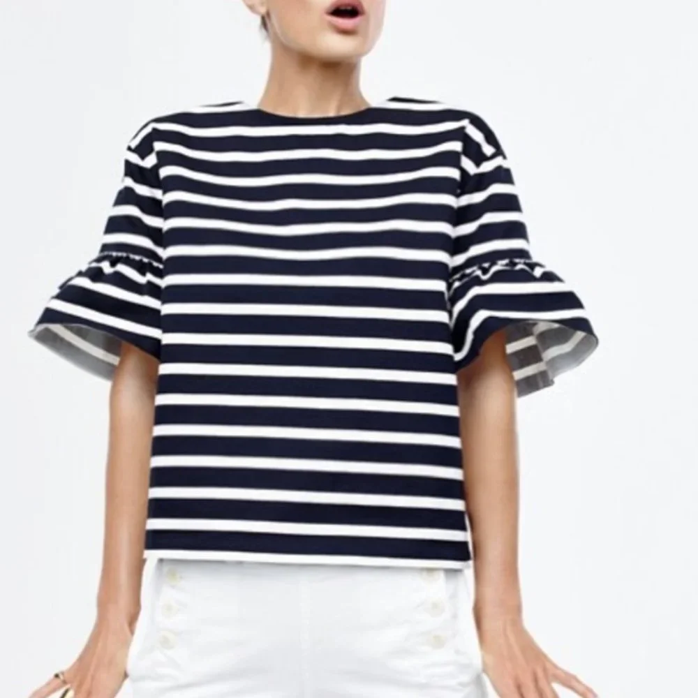 J. Crew Black White Striped Bell Sleeve Structured Ruffle Boxy Shirt Top-XL